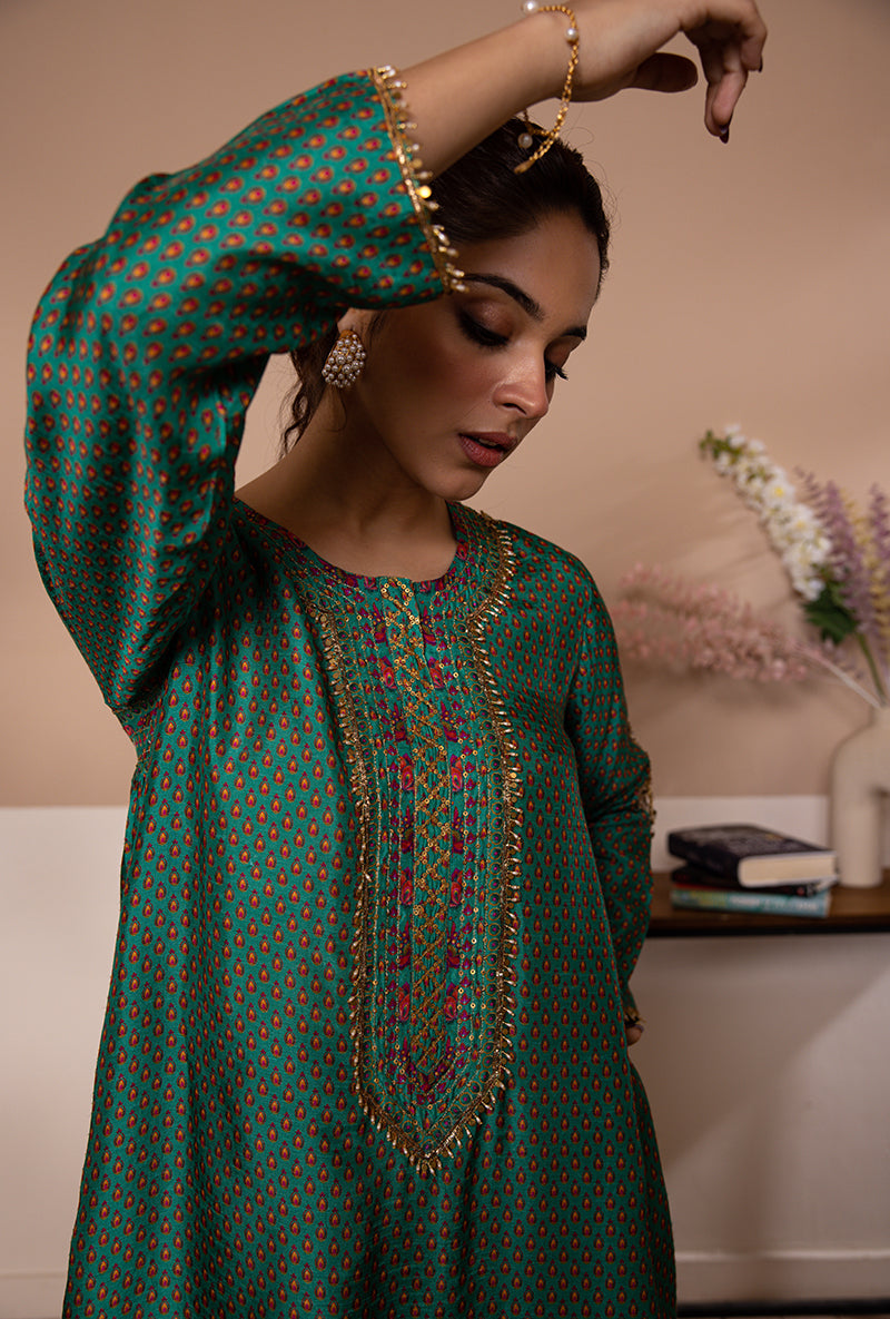 Green Cheent Print Heavy Hem Shaheen Kurta Set
