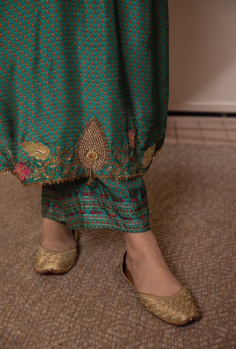 Green Cheent Print Heavy Hem Shaheen Kurta Set