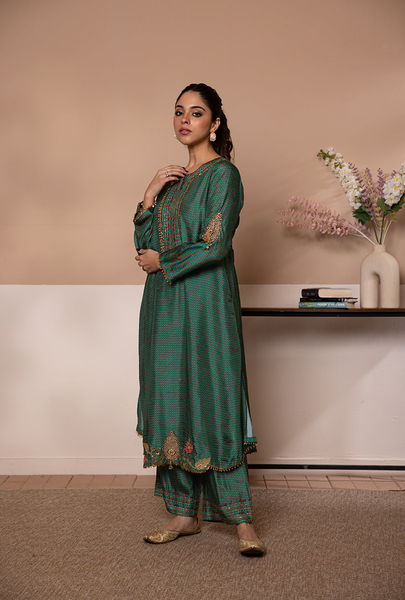 Green Cheent Print Heavy Hem Shaheen Kurta Set