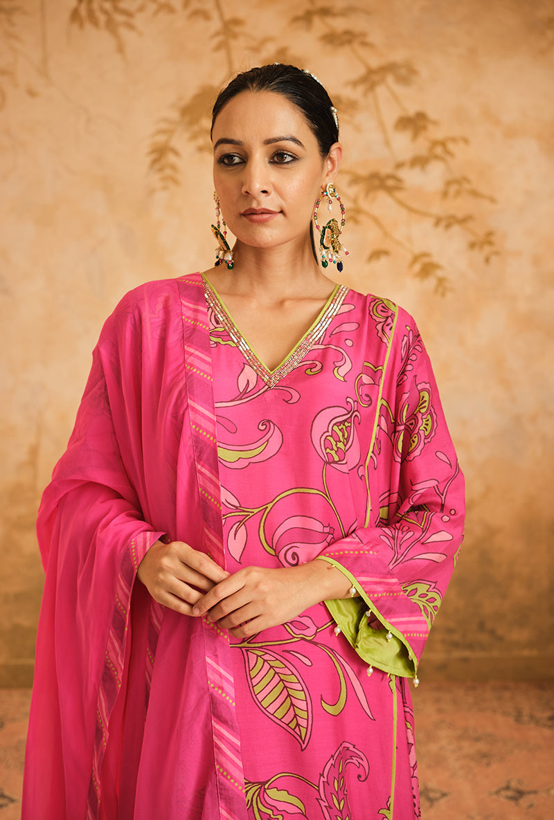Hot Pink Floral Digital Printed Goonj Kurta Set