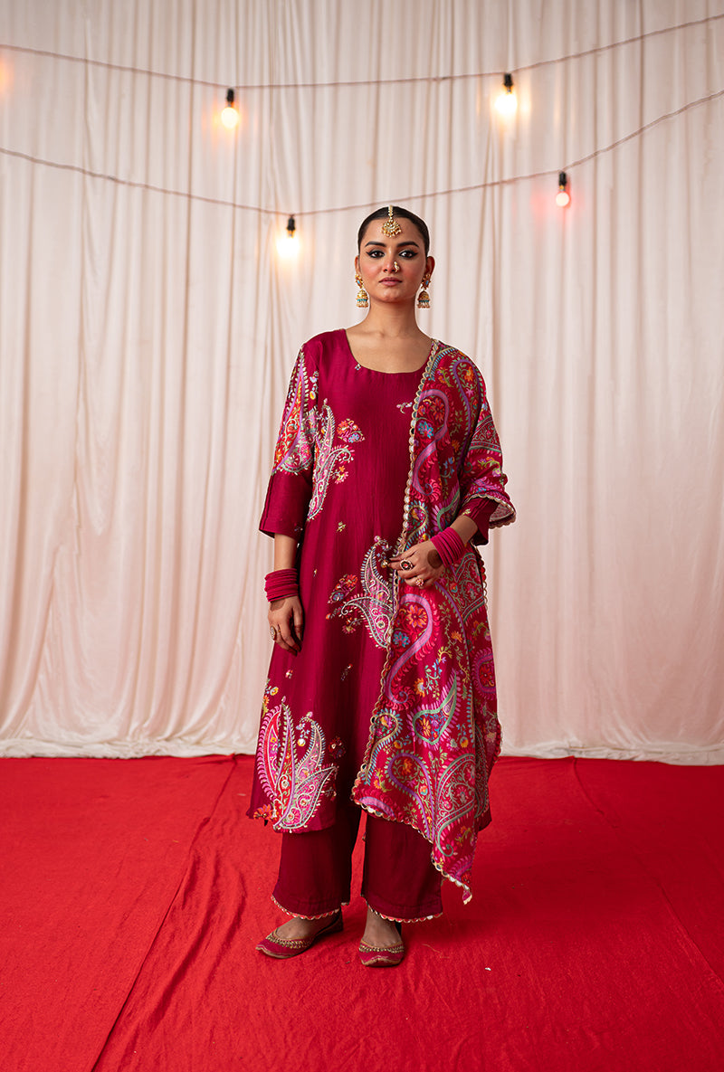 Maroon Embroidered Placement Print Kikli Kurta Set