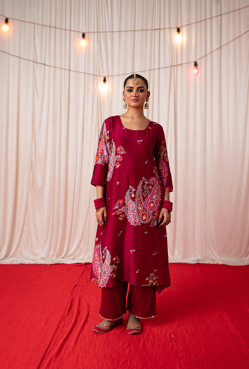 Maroon Embroidered Placement Print Kikli Kurta Set