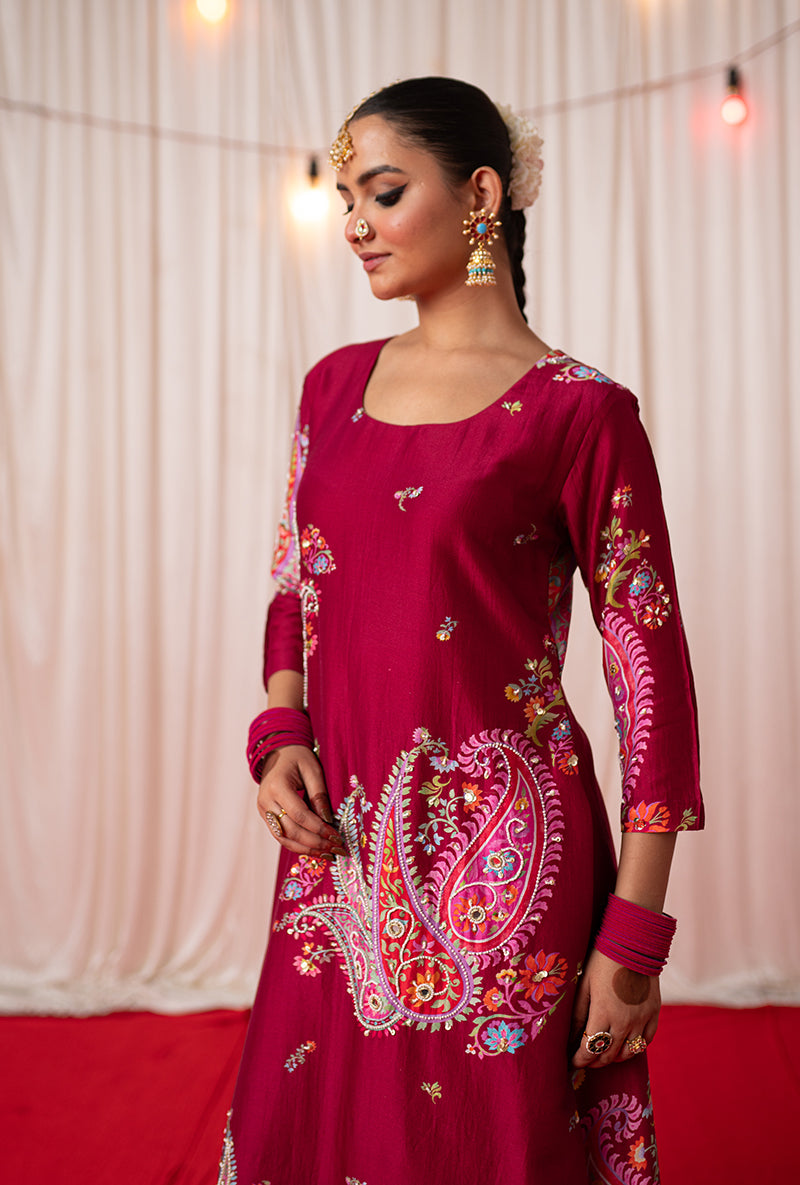 Maroon Embroidered Placement Print Kikli Kurta Set