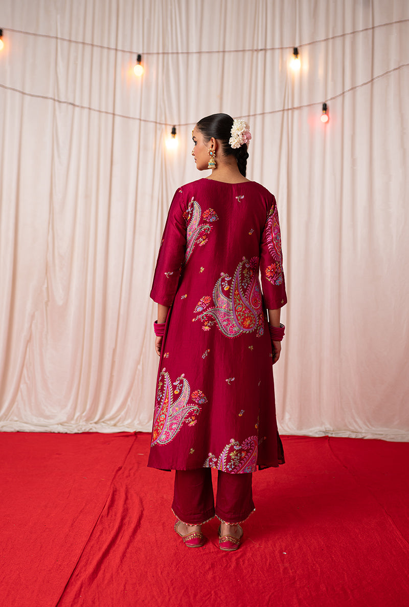 Maroon Embroidered Placement Print Kikli Kurta Set