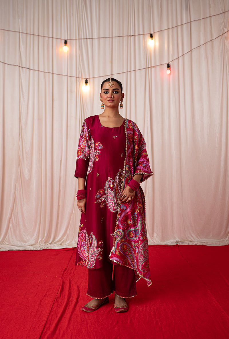 Maroon Embroidered Placement Print Kikli Kurta Set