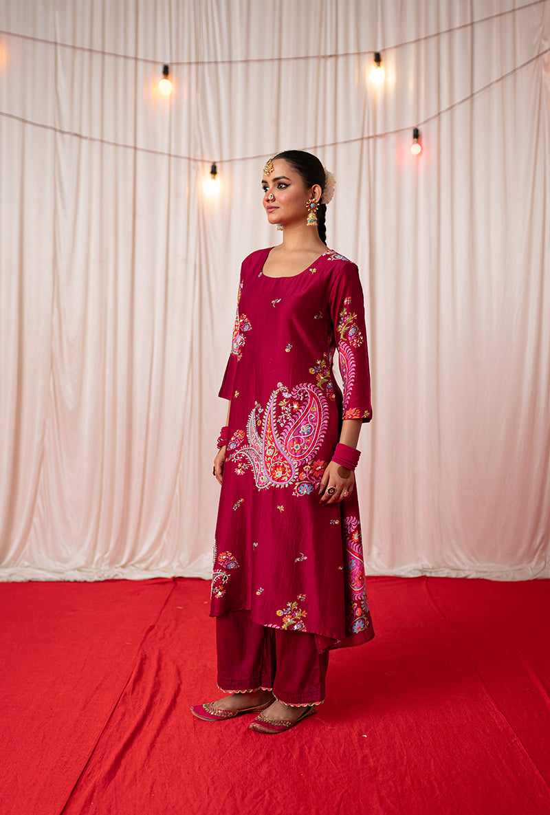 Maroon Embroidered Placement Print Kikli Kurta Set