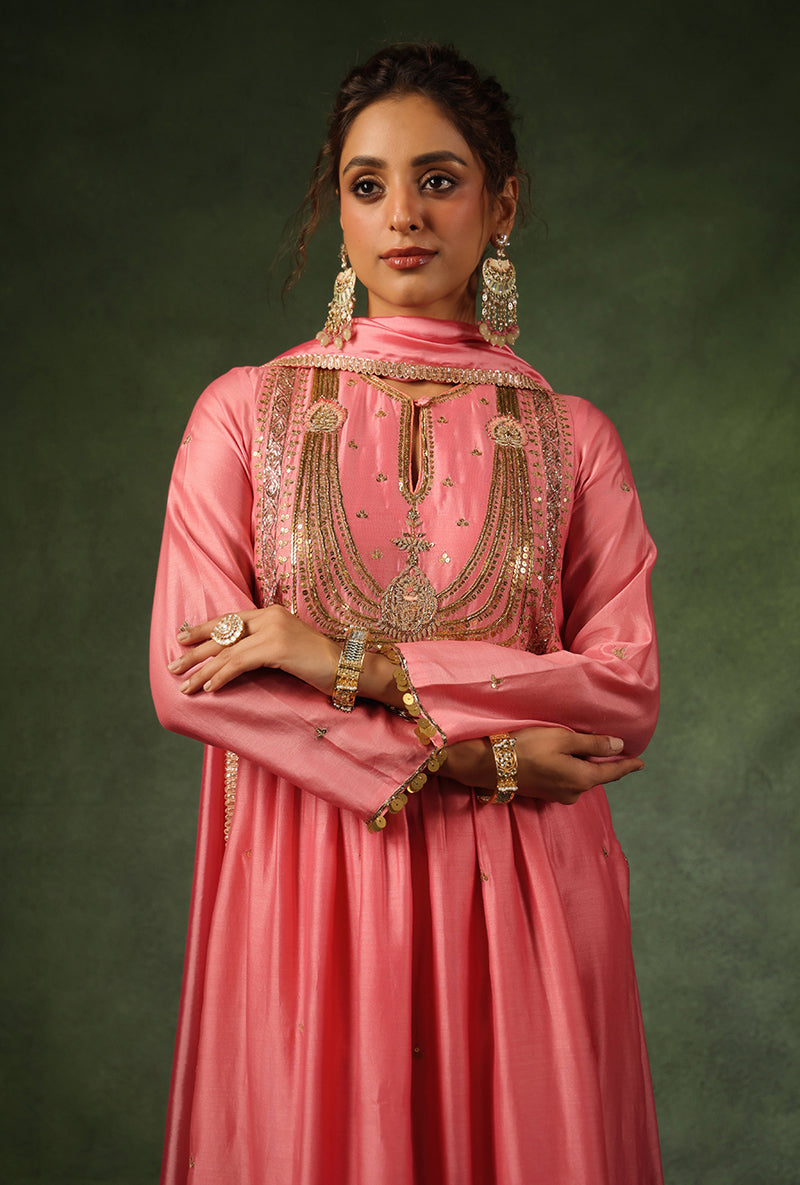 Pink Heavy Zardosi Yoke Ishq Kurta Set