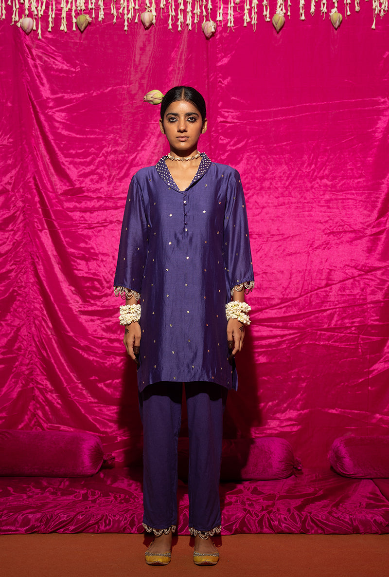 Purple Embroidered Short Kamli Kurta Set