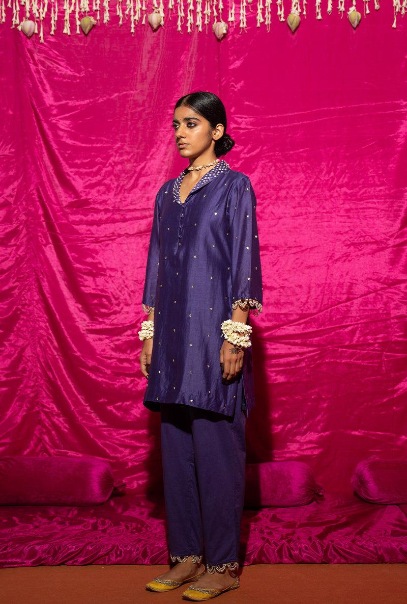 Purple Embroidered Short Kamli Kurta Set