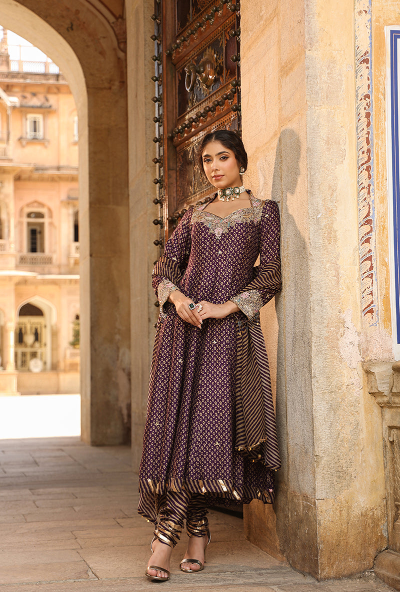 Purple Printed Raag Kalidar Set