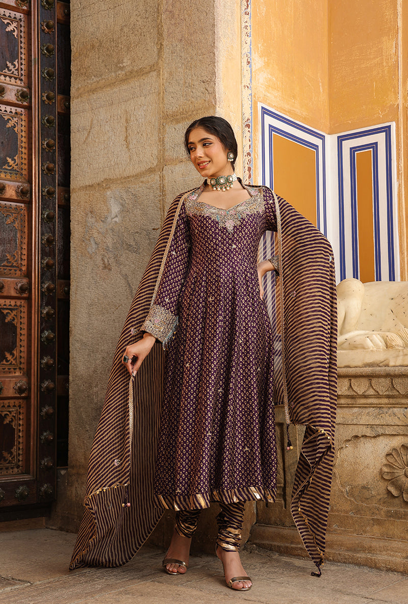 Purple Printed Raag Kalidar Set