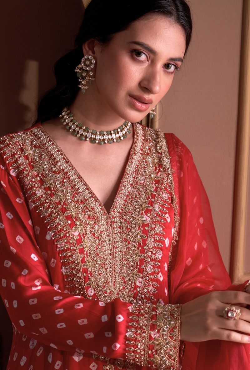 Red Bandhej Rasia Kurta Set