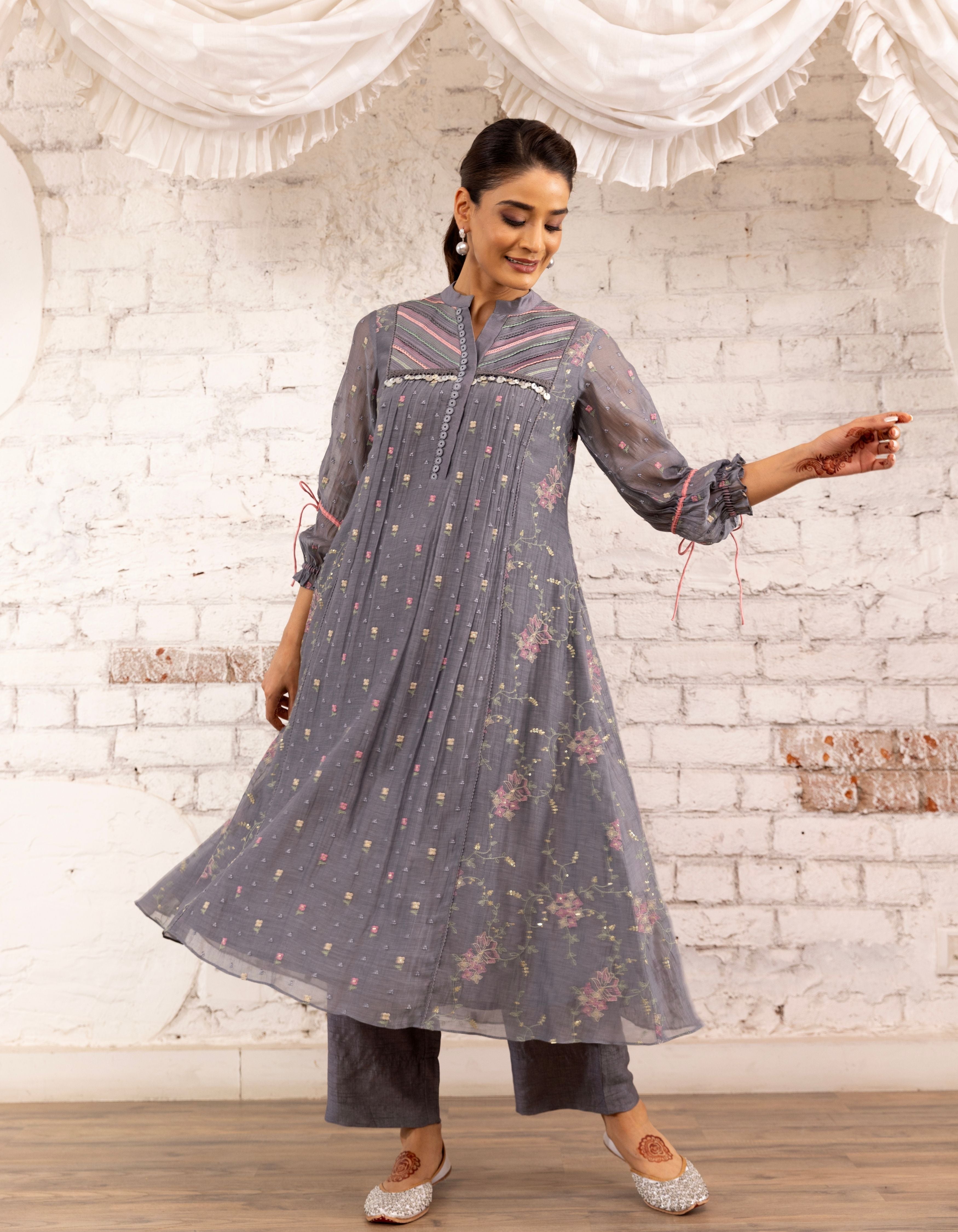English Blue Threadwork Short Yoke Noor Kurta Set