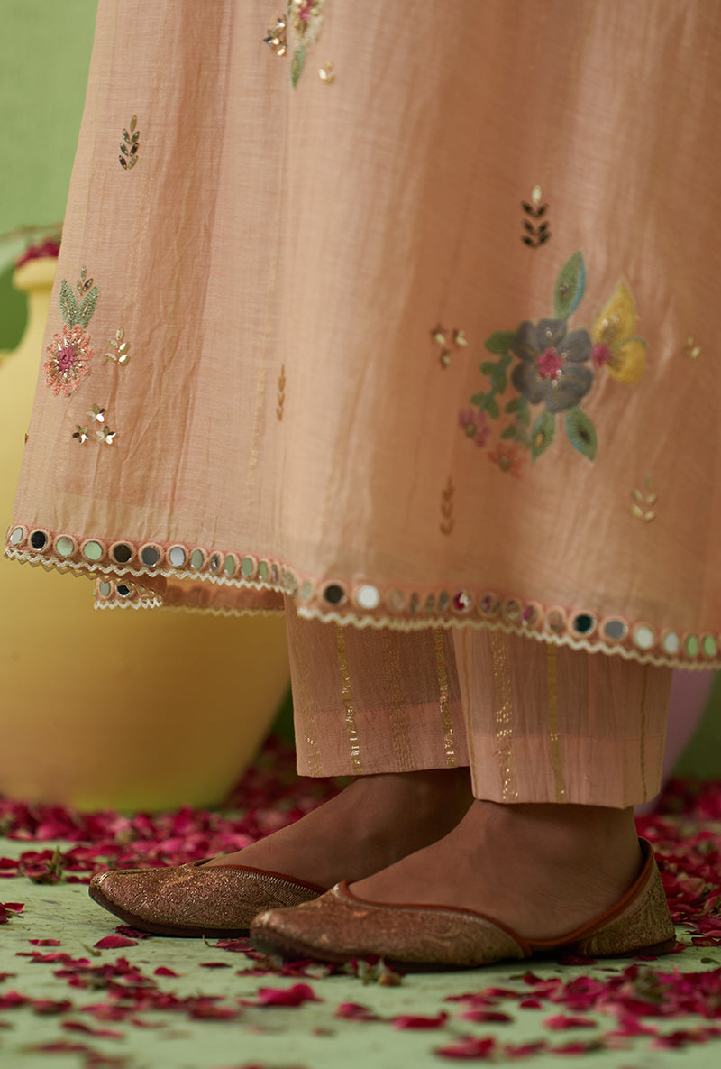 Baby Pink Mirror And Bird Motif A-Line Kurta Set