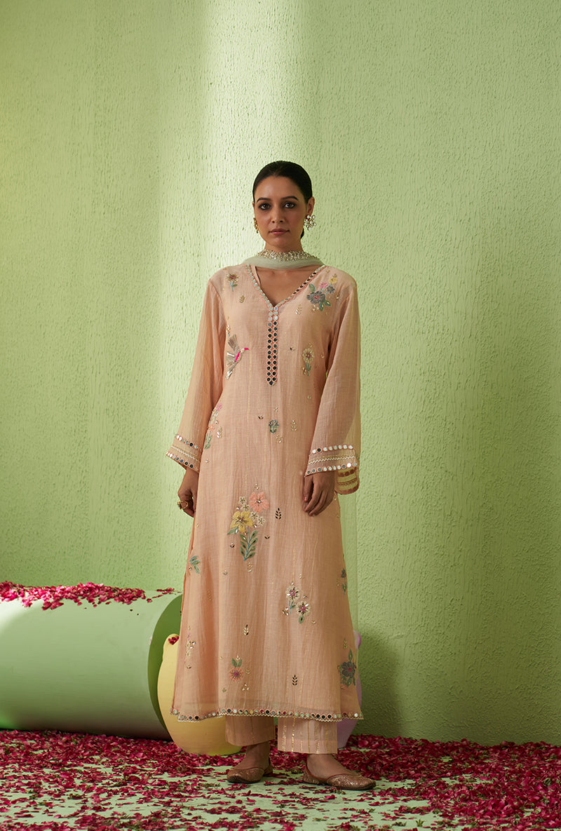 Baby Pink Mirror And Bird Motif A-Line Kurta Set
