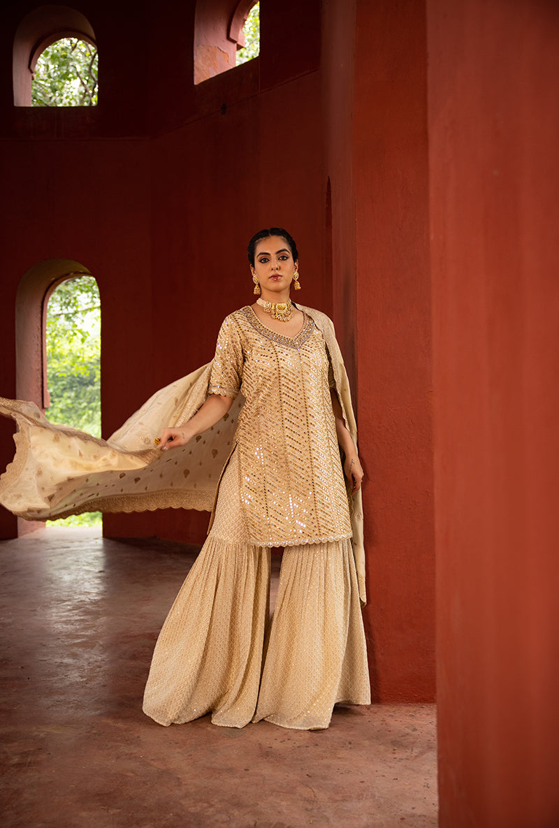 Beige Diagonal Mirror Hoor 3.0 Gharara Set