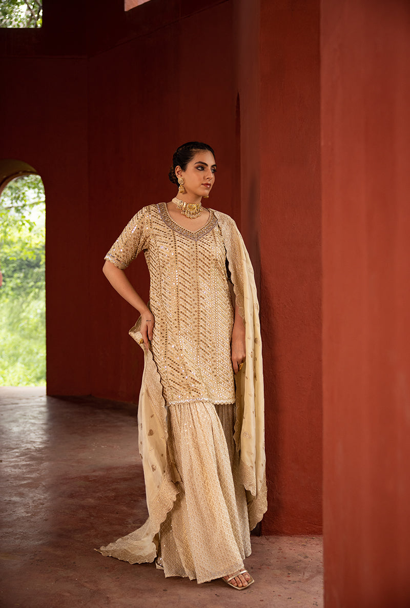 Beige Diagonal Mirror Hoor 3.0 Gharara Set