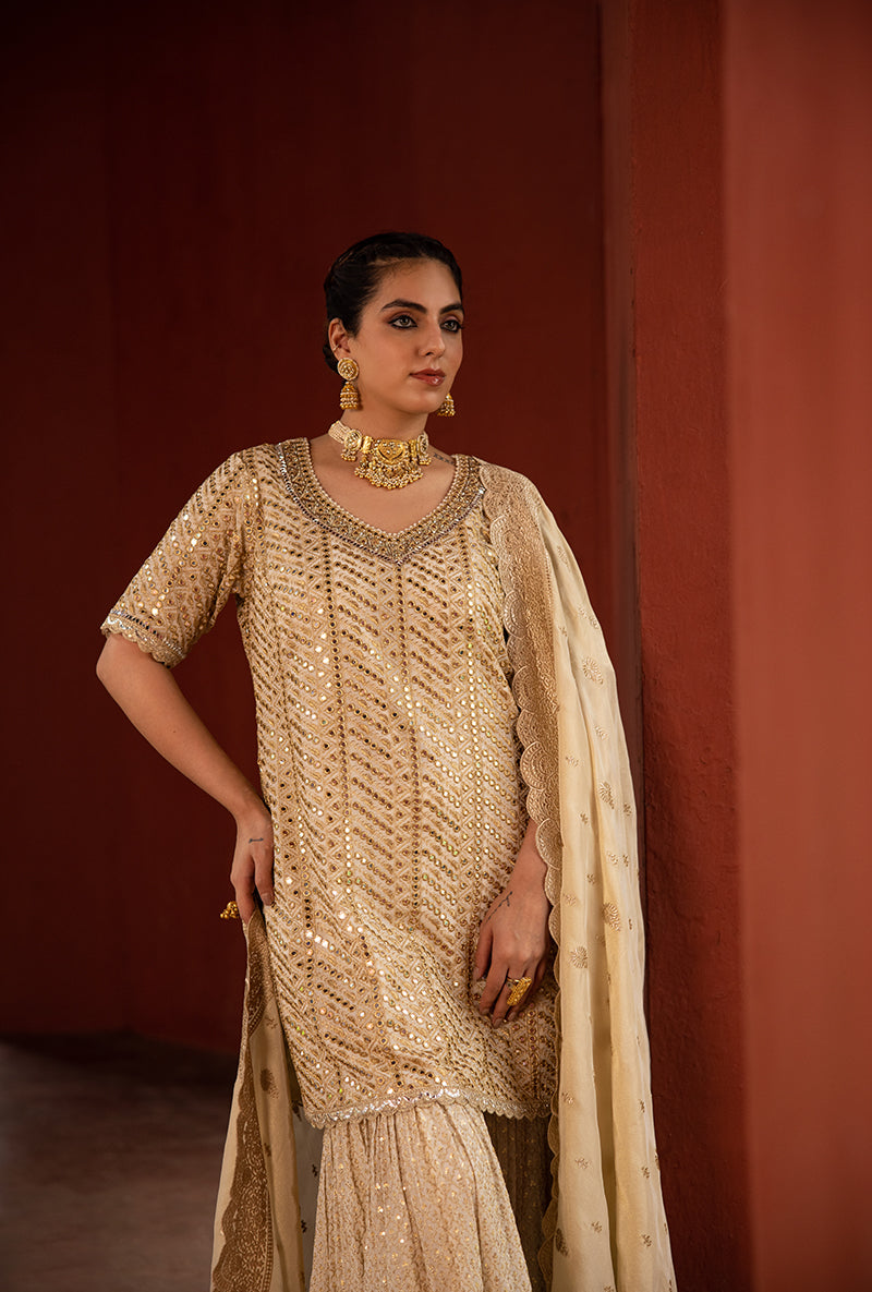 Beige Diagonal Mirror Hoor 3.0 Gharara Set