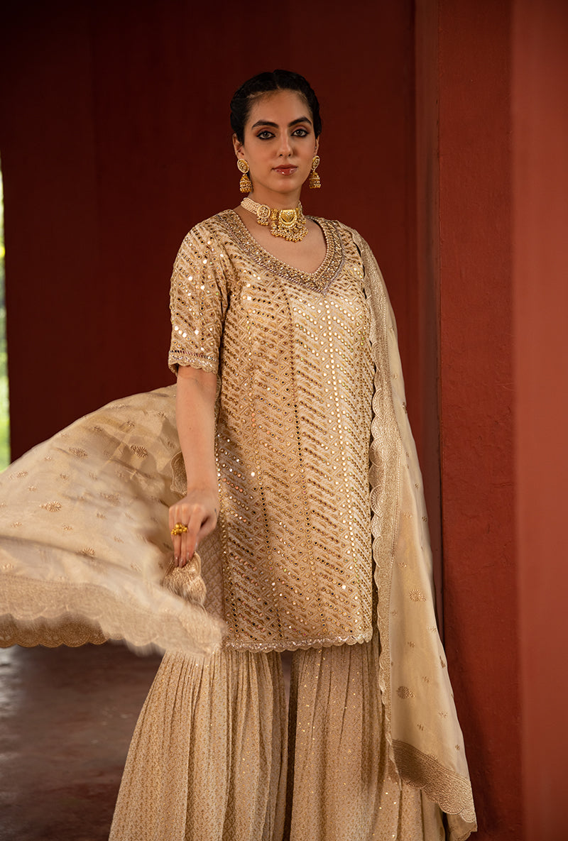 Beige Diagonal Mirror Hoor 3.0 Gharara Set