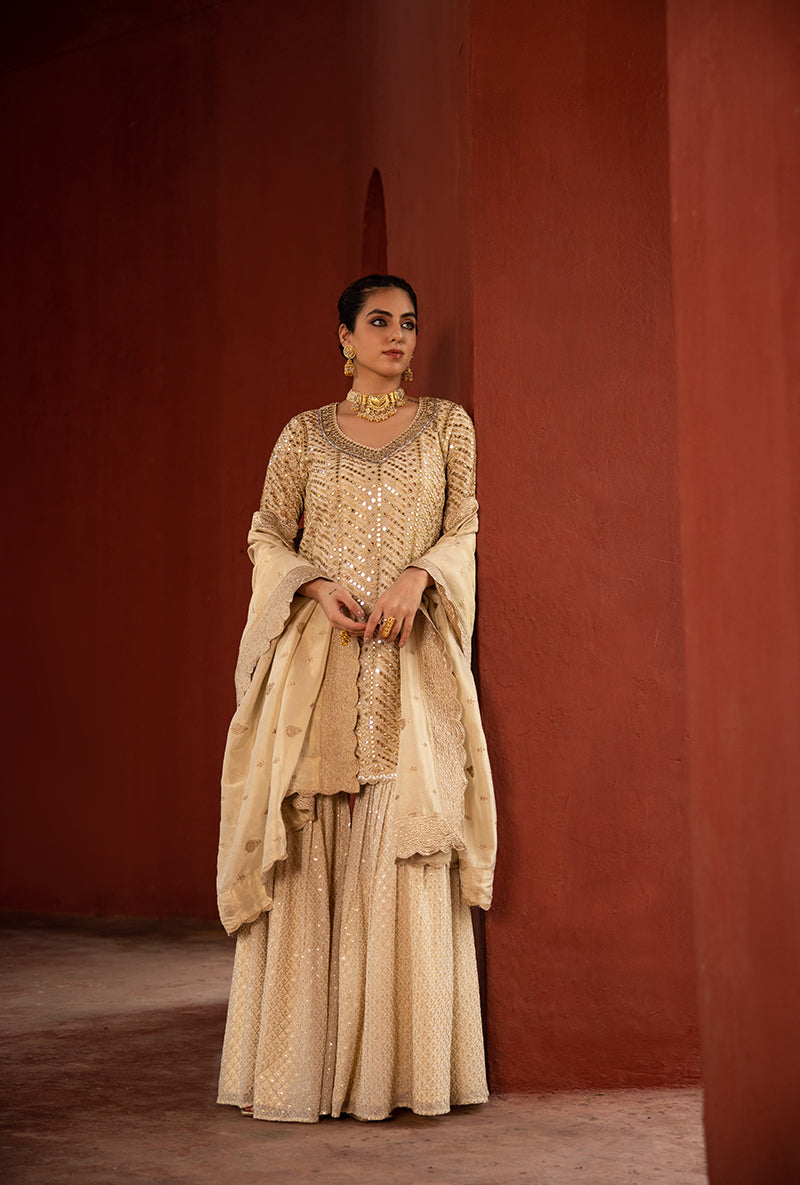 Beige Diagonal Mirror Hoor 3.0 Gharara Set