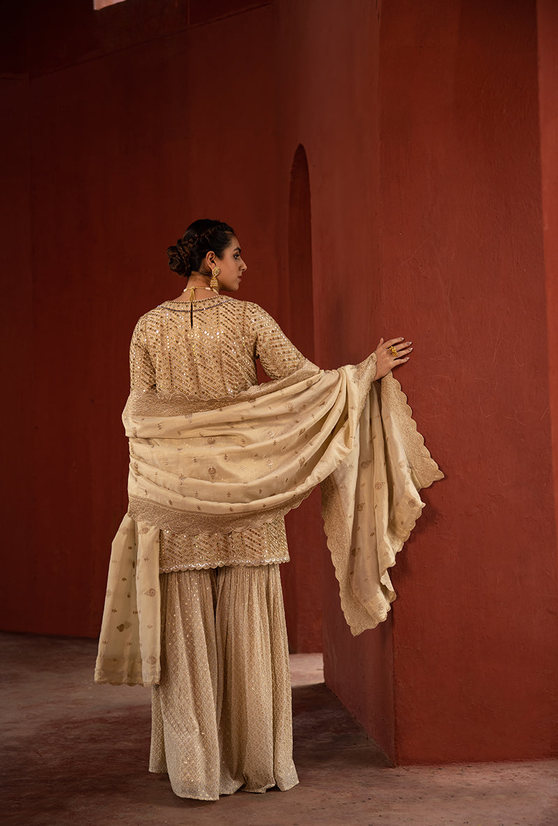 Beige Diagonal Mirror Hoor 3.0 Gharara Set