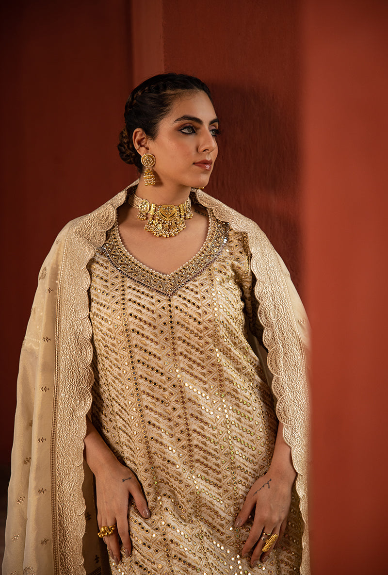 Beige Diagonal Mirror Hoor 3.0 Gharara Set