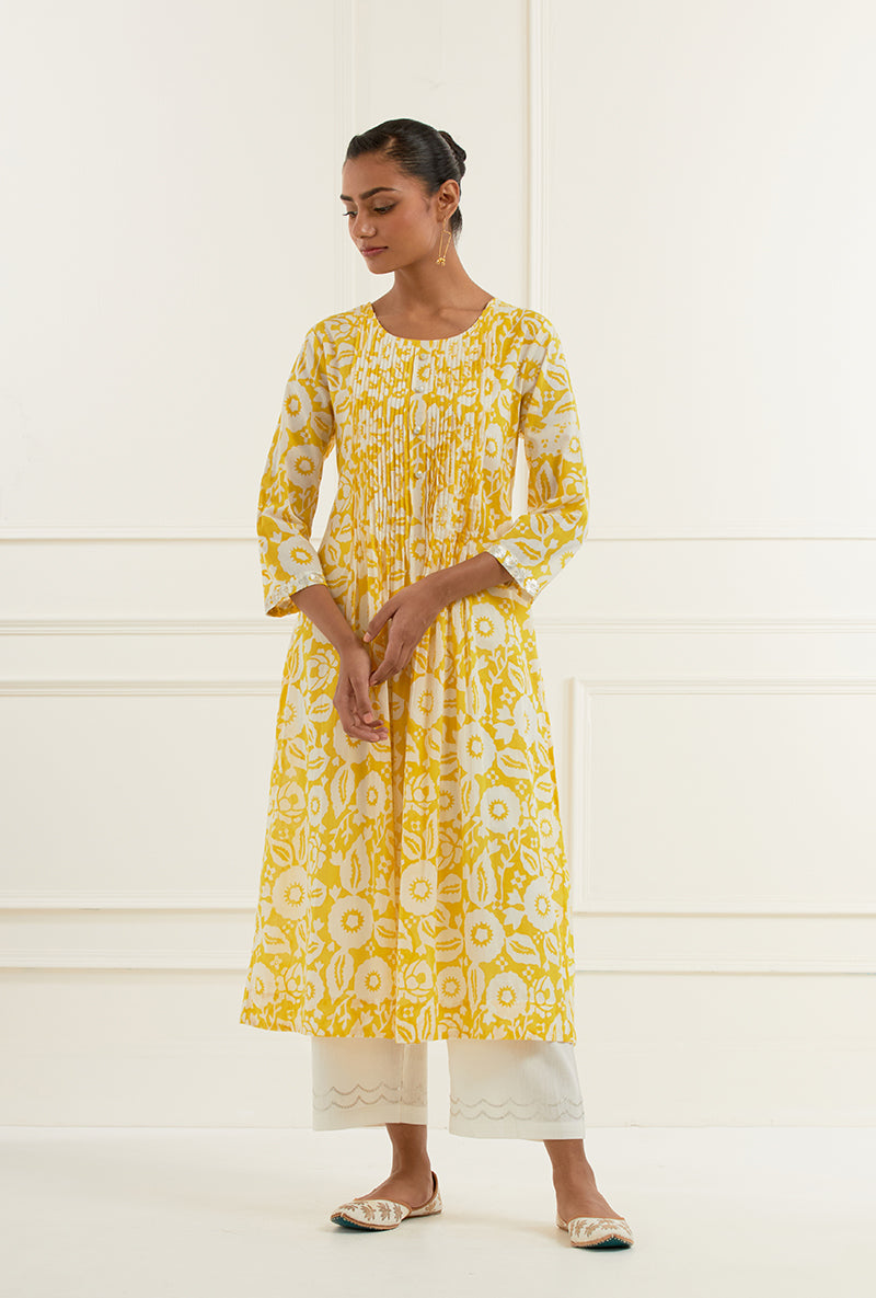 Floral Yellow Pleated Sehar Kurta Set