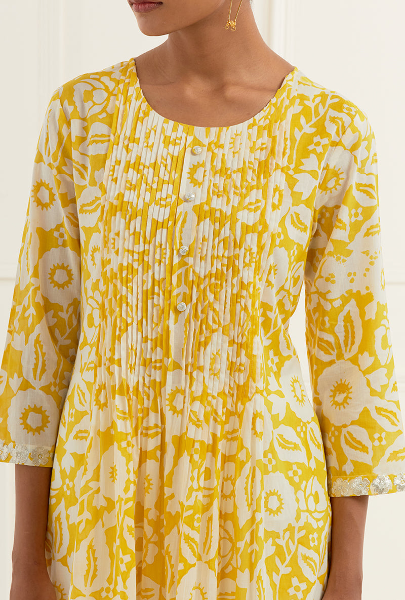 Floral Yellow Pleated Sehar Kurta Set