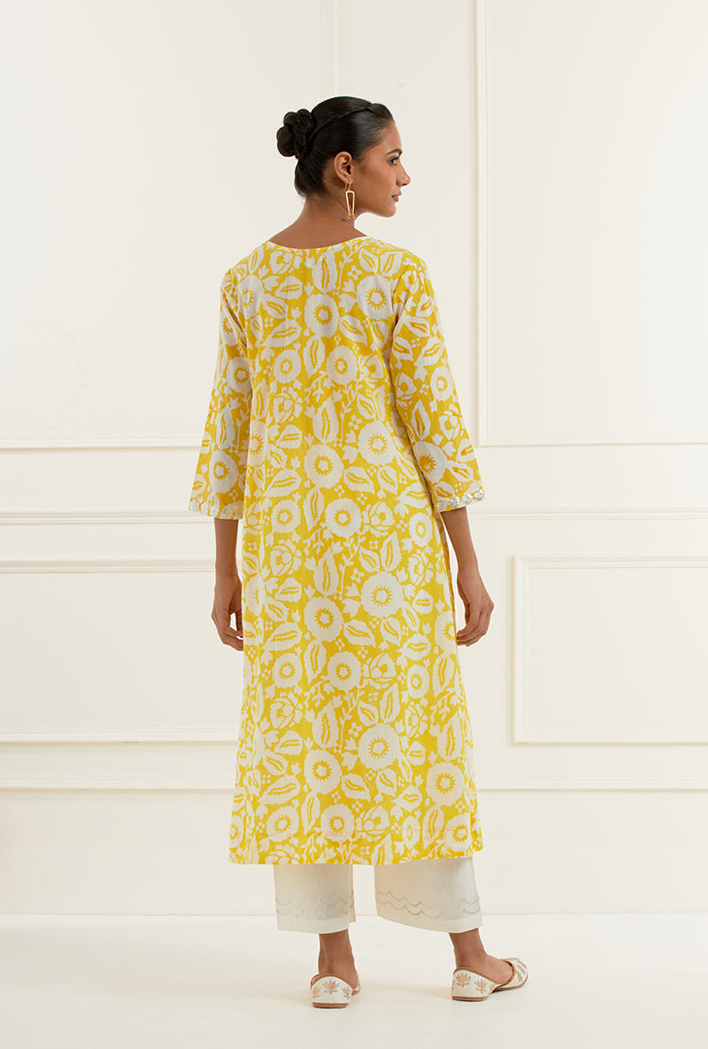 Floral Yellow Pleated Sehar Kurta Set