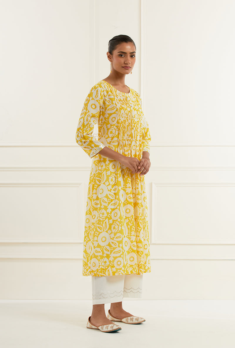 Floral Yellow Pleated Sehar Kurta Set