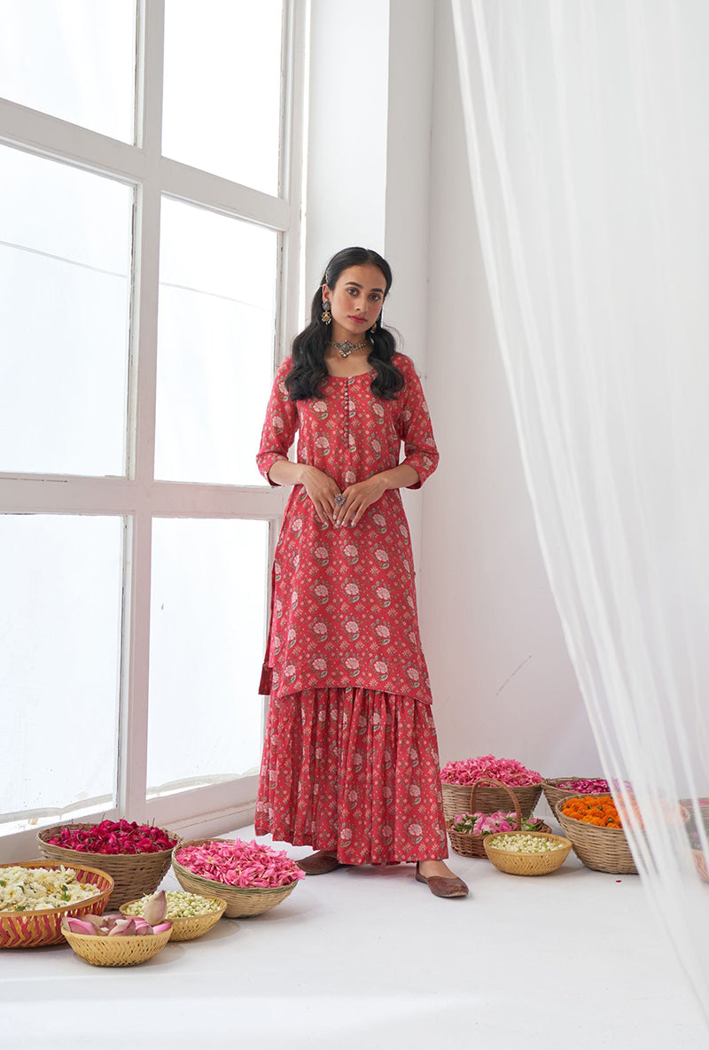 Hot Pink Printed Short Kurta Iris Gharara Set