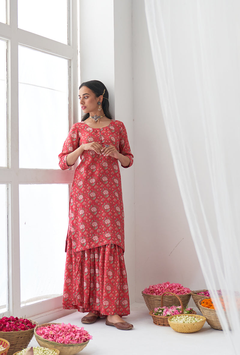 Hot Pink Printed Short Kurta Iris Gharara Set
