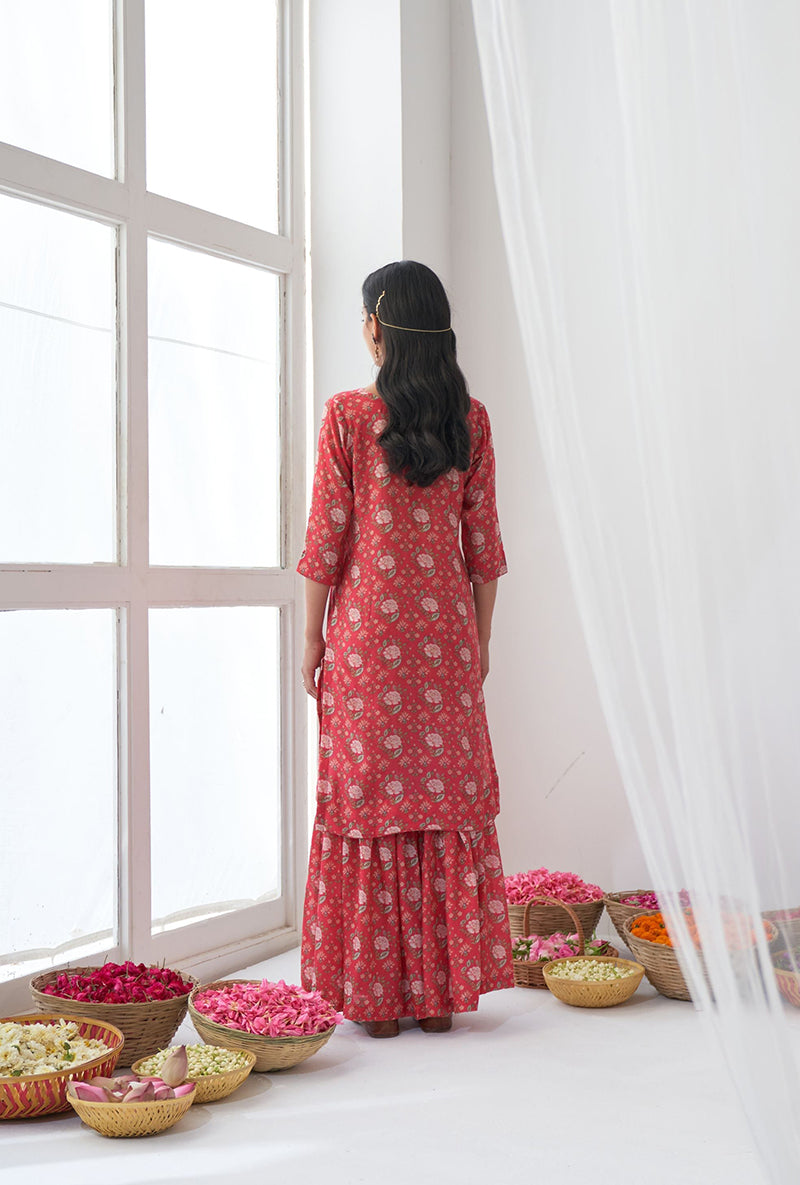 Hot Pink Printed Short Kurta Iris Gharara Set