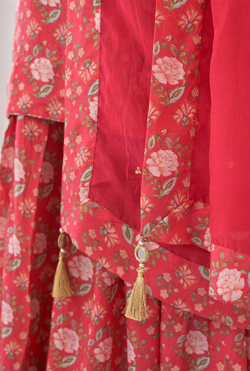 Hot Pink Printed Short Kurta Iris Gharara Set