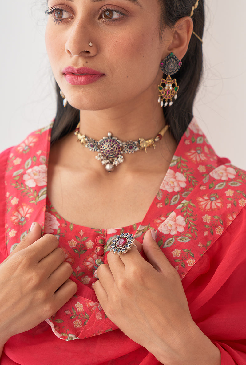 Hot Pink Printed Short Kurta Iris Gharara Set