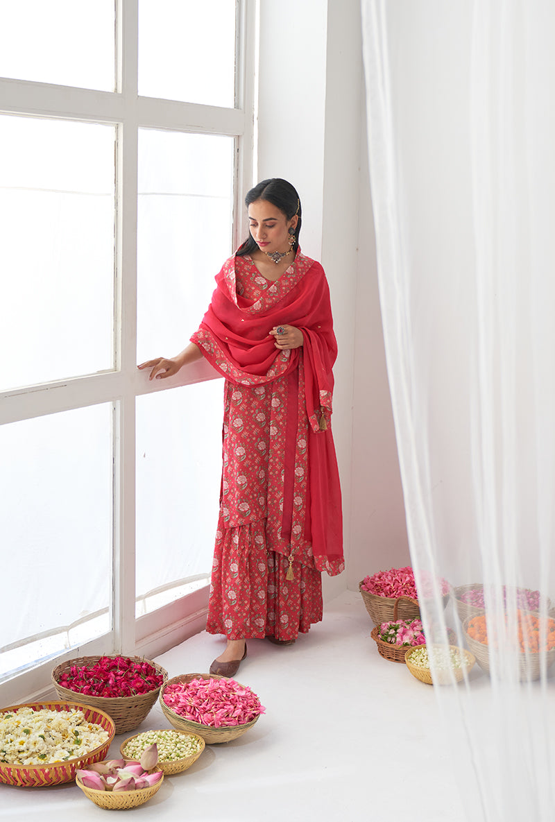 Hot Pink Printed Short Kurta Iris Gharara Set