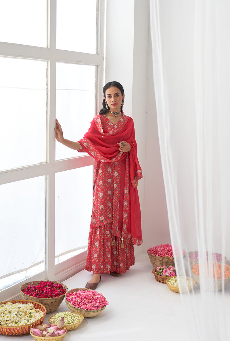 Hot Pink Printed Short Kurta Iris Gharara Set
