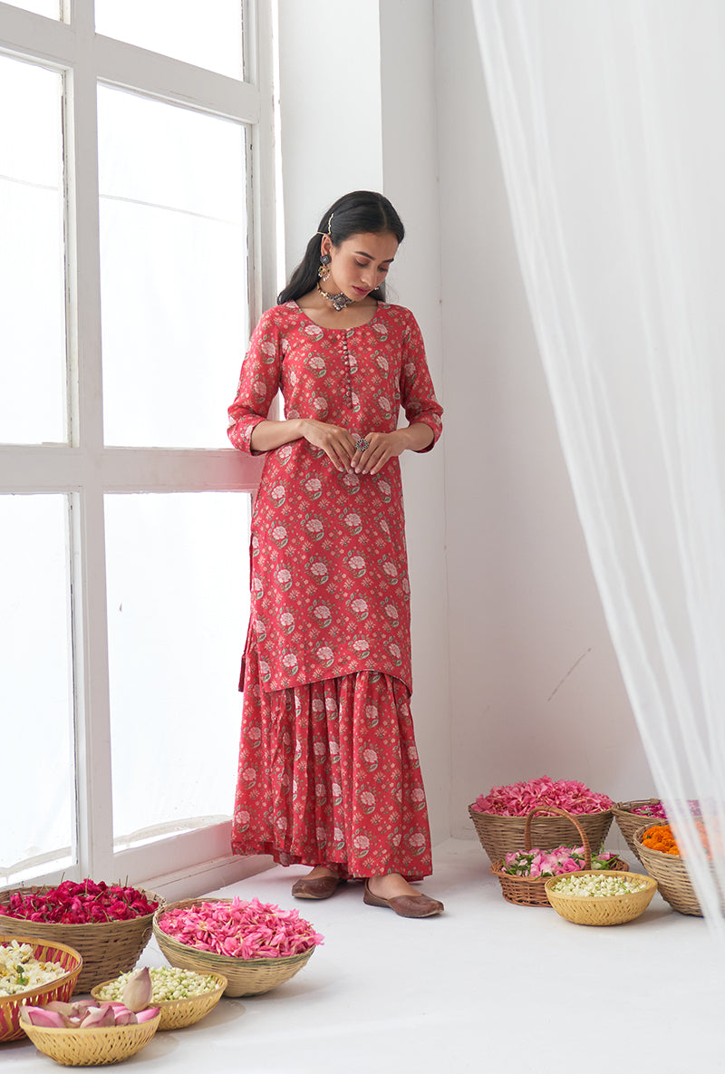 Hot Pink Printed Short Kurta Iris Gharara Set