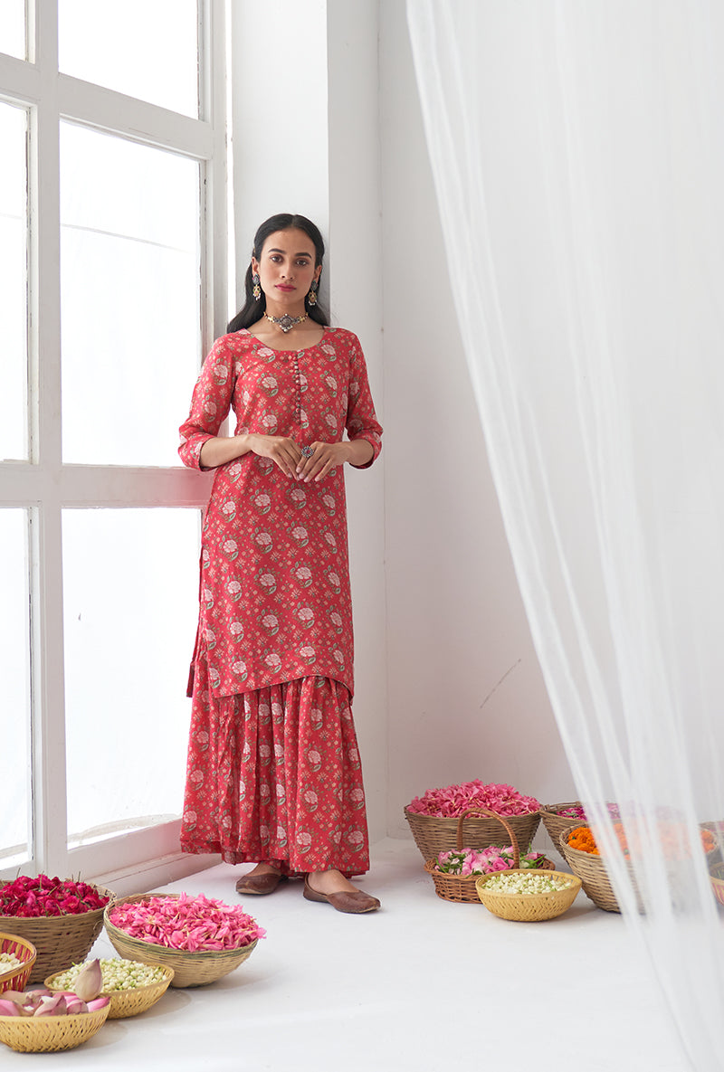Hot Pink Printed Short Kurta Iris Gharara Set