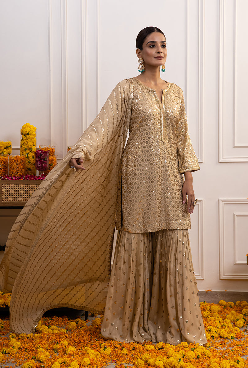 Beige Sequin Hoor Gharara Set