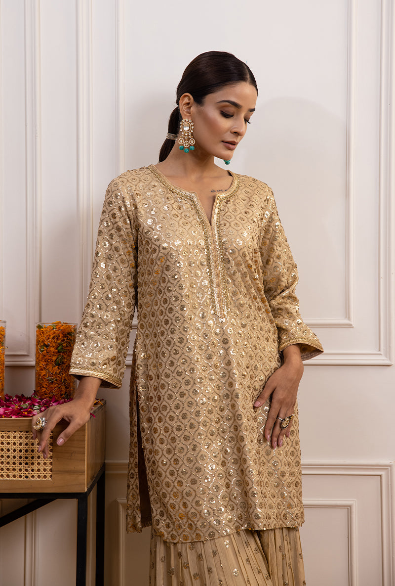 Beige Sequin Hoor Gharara Set