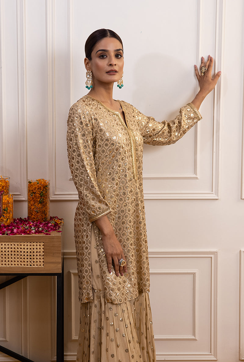 Beige Sequin Hoor Gharara Set