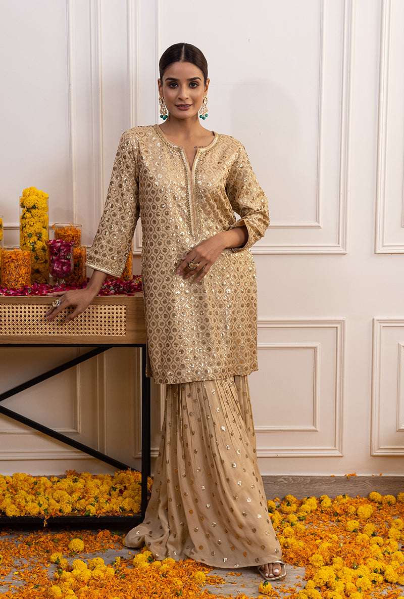 Beige Sequin Hoor Gharara Set