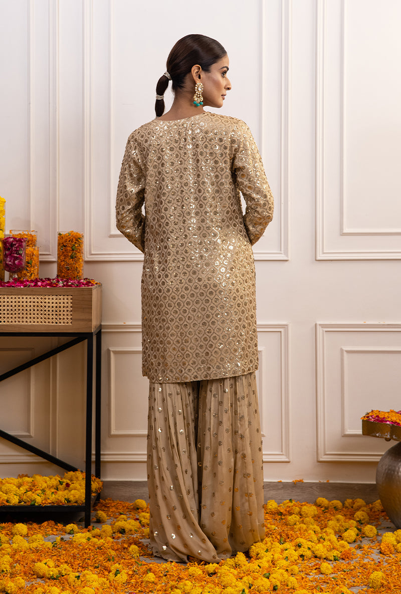 Beige Sequin Hoor Gharara Set