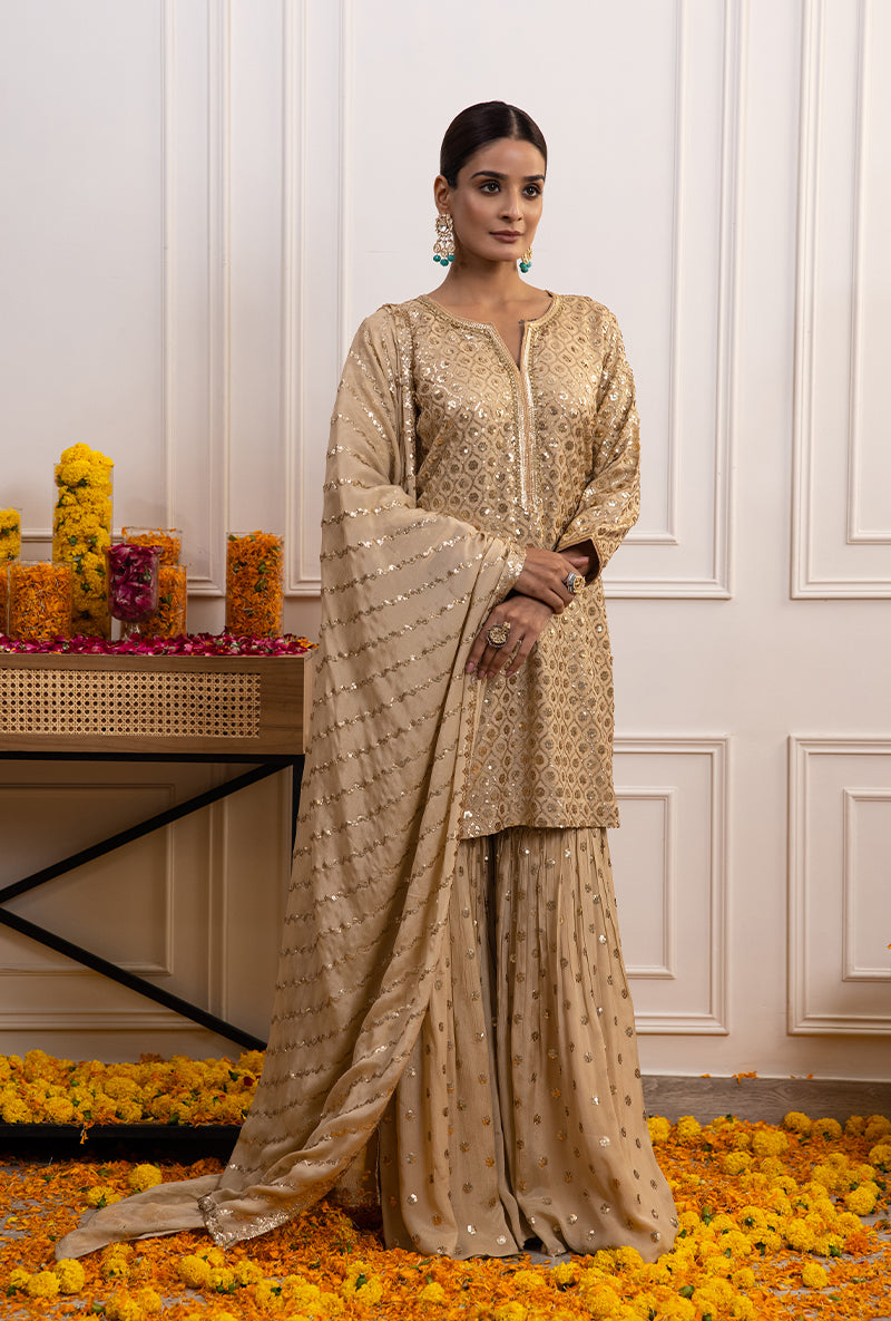 Beige Sequin Hoor Gharara Set