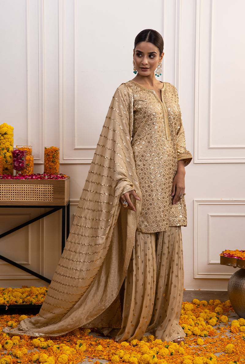 Beige Sequin Hoor Gharara Set