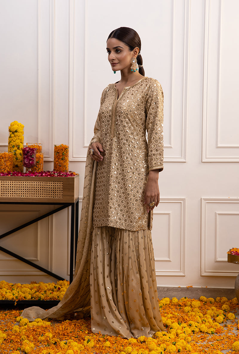 Beige Sequin Hoor Gharara Set