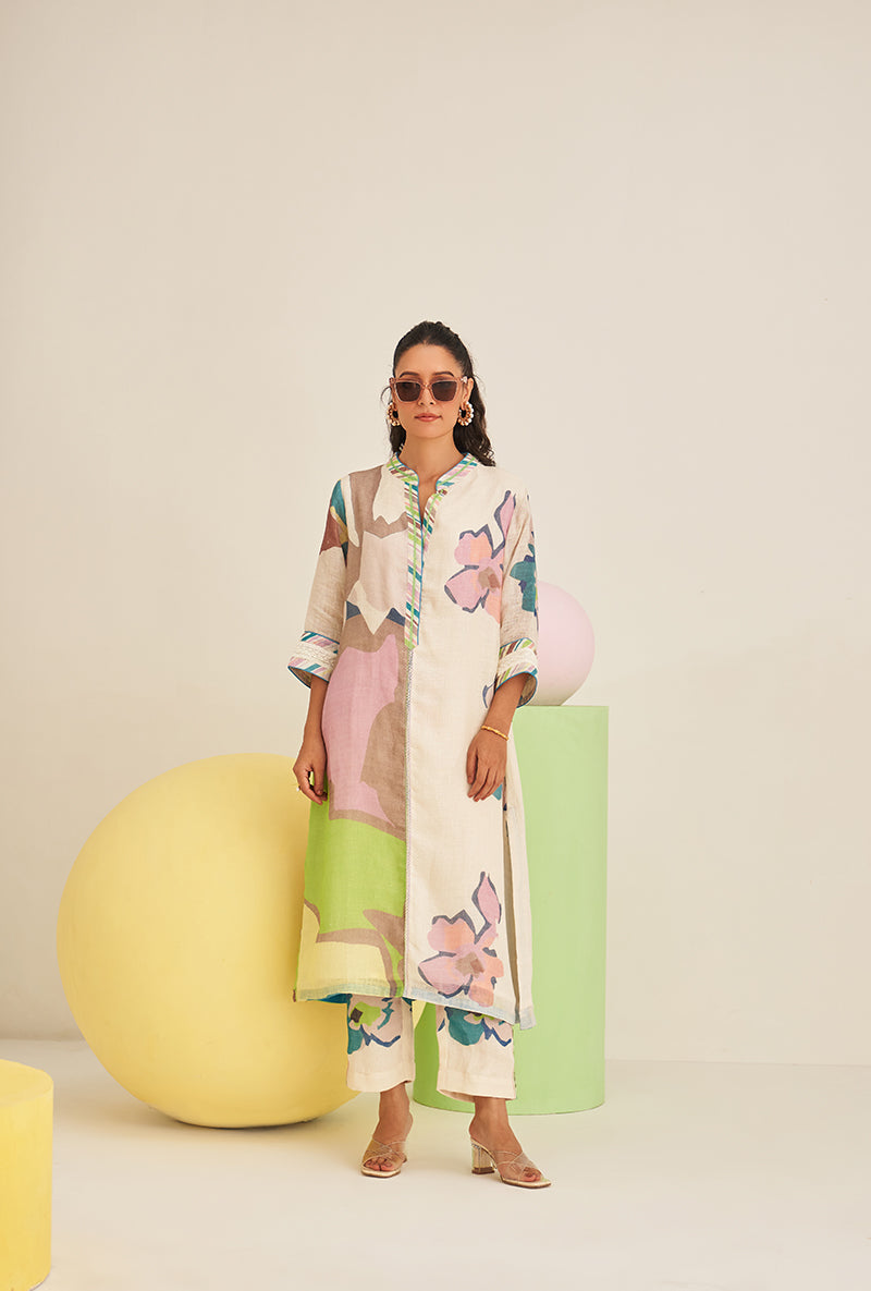Lime Green Abstract Print Bella Long Kurta Set