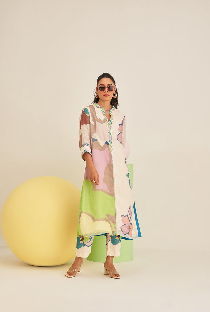Lime Green Abstract Print Bella Long Kurta Set