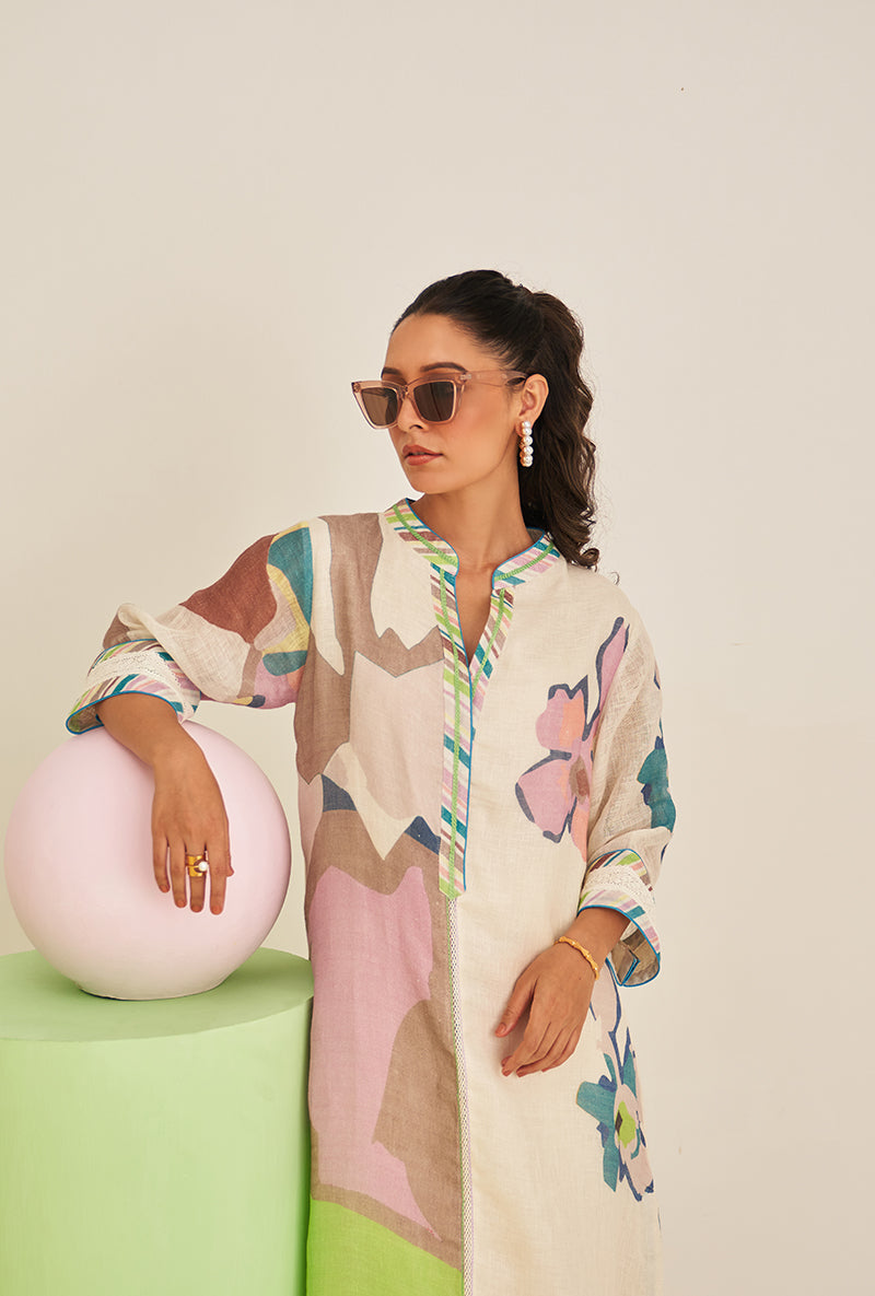 Lime Green Abstract Print Bella Long Kurta Set